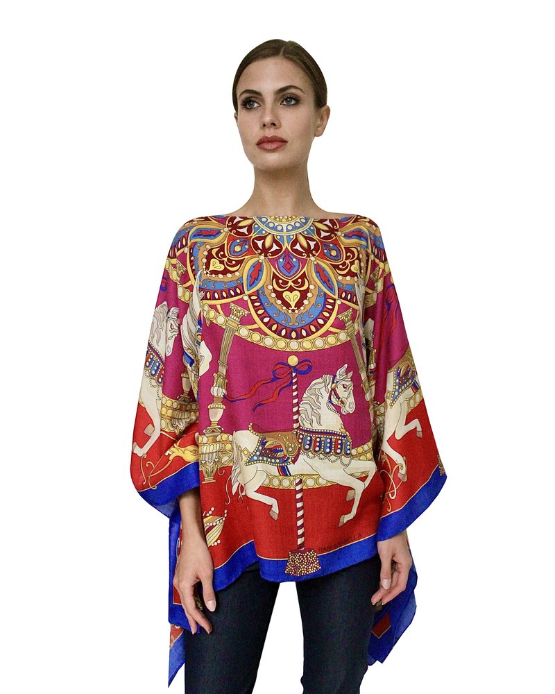 CASHMERE PRINTED PONCHO: TOY HORSES:RED