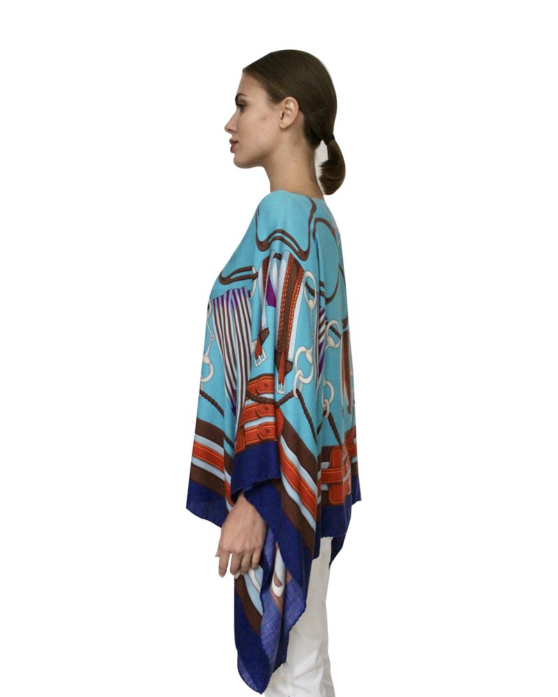 CASHMERE PRINTED PONCHO: STIRRUPS: TURQUOISE