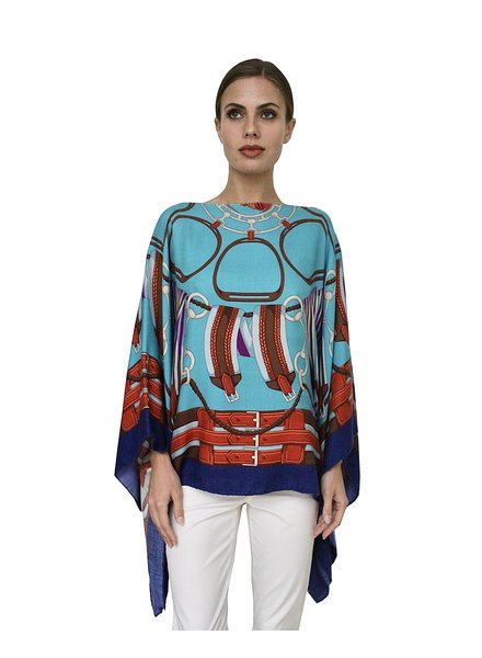 CASHMERE PRINTED PONCHO: STIRRUPS: TURQUOISE