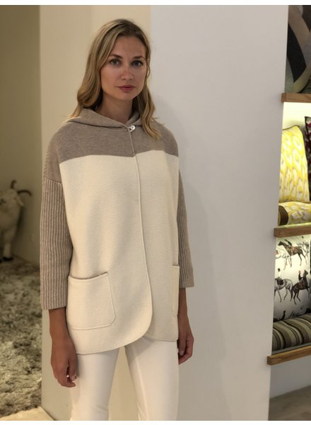 TWO-TONE KNIT JACKET W/ HOOD, SAND-IVORY