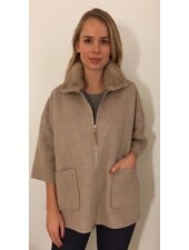 DF AND KNIT ZIP JACKET W/ FUR COLLAR, BEIGE-GRAY