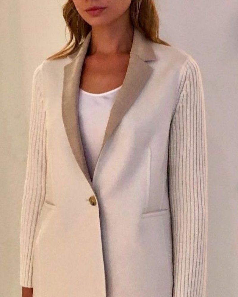 DF CASHMERE W/ KNIT ARMS 1-BUTTON BLAZER: BROWN-BEIGE