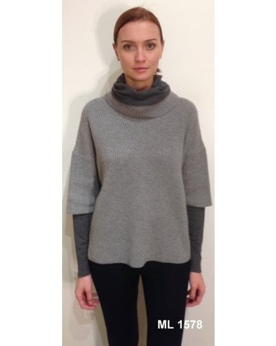 DOUBLE COLLAR ROLL NECK SWEATER, GRAY