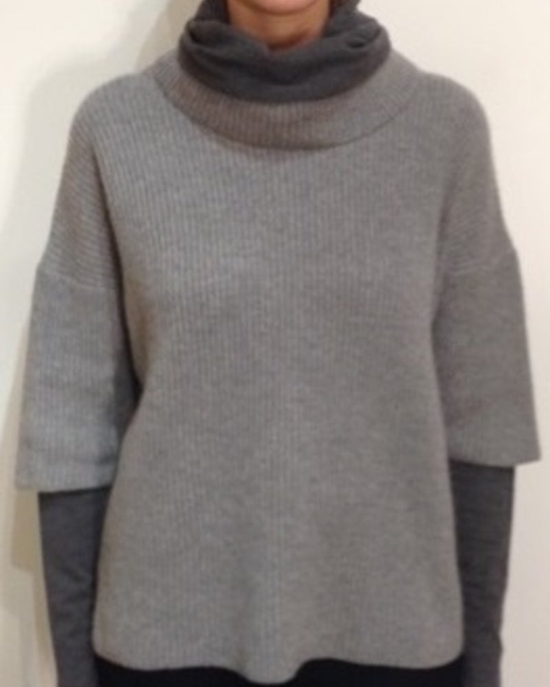 DOUBLE COLLAR ROLL NECK SWEATER, GRAY