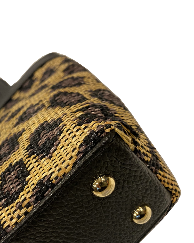 RAFFIA BLACK LEOPARD STELLA MINI HANDBAG: 16 X 10 X 4