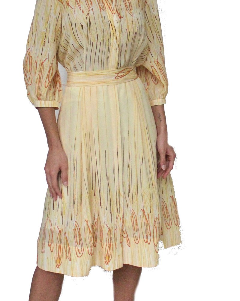 SILK DRESS WITH BLOUSON SLEEVE: ABSTRACT-BUTTER