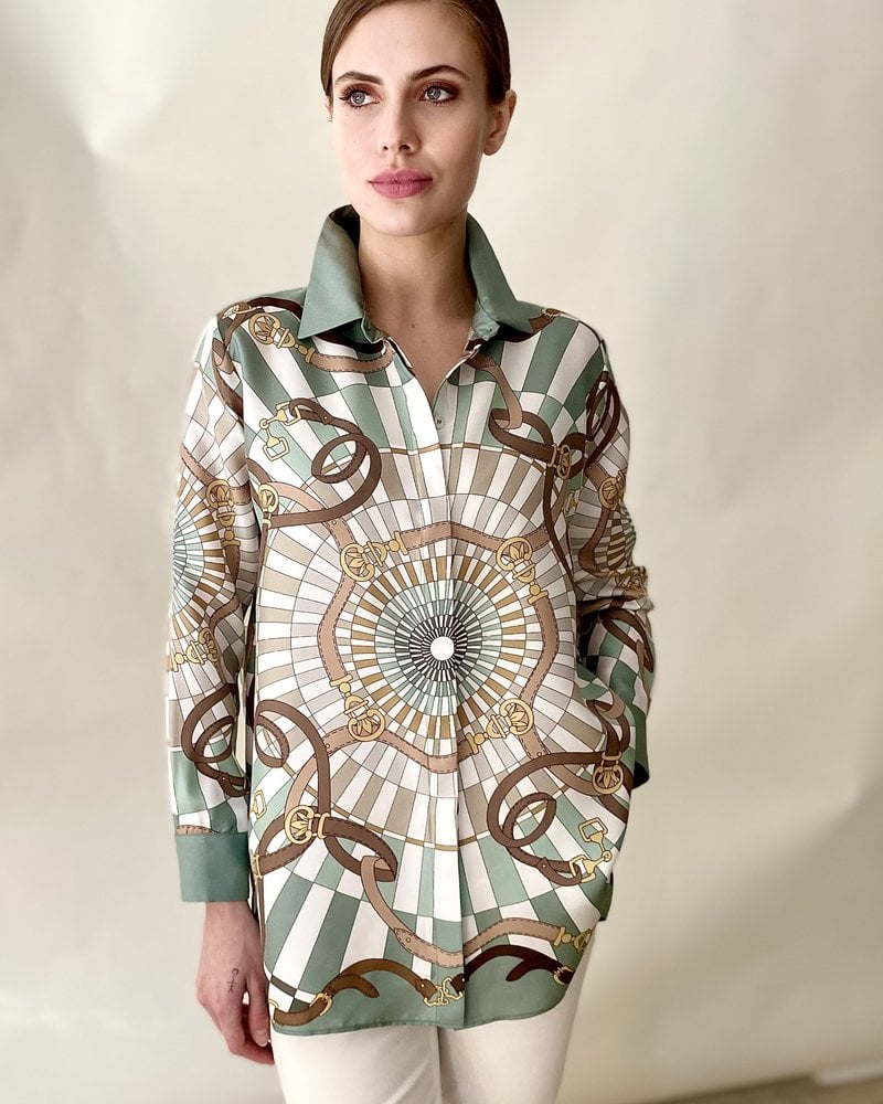 COLLARED SILK PRINTED SHIRT: FIRENZE GREEN