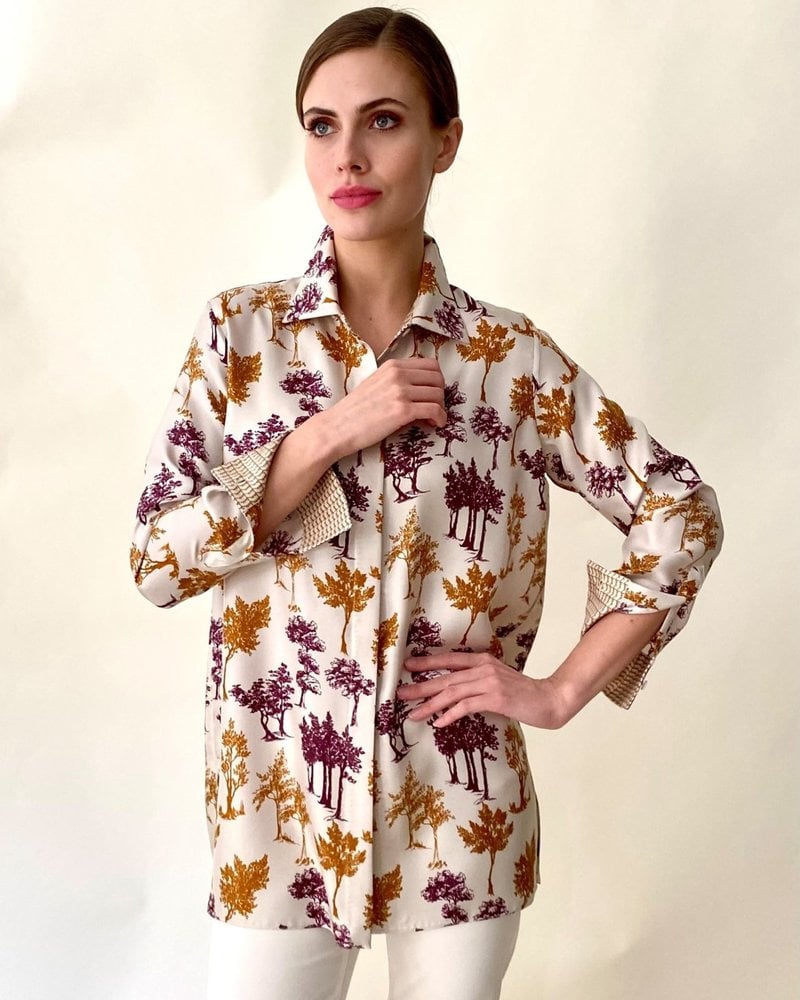 COLLARED SILK PRINTED SHIRT: TREES :IVORY