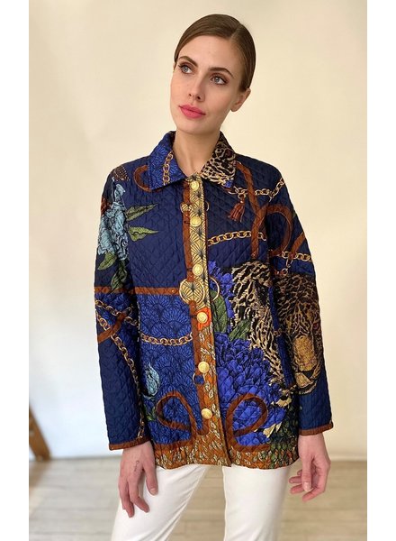 SILK PRINTED QUILTED JACKET: LEO: NAVY