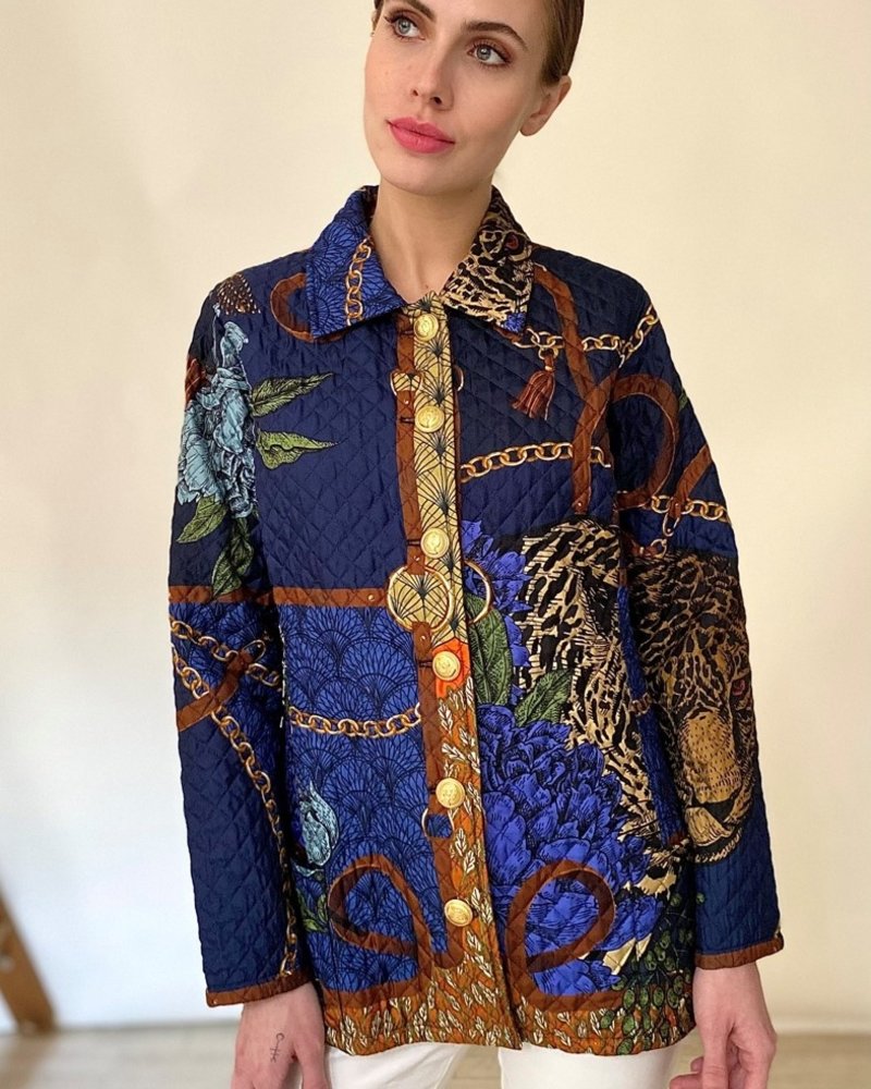 SILK PRINTED QUILTED JACKET: LEO: NAVY