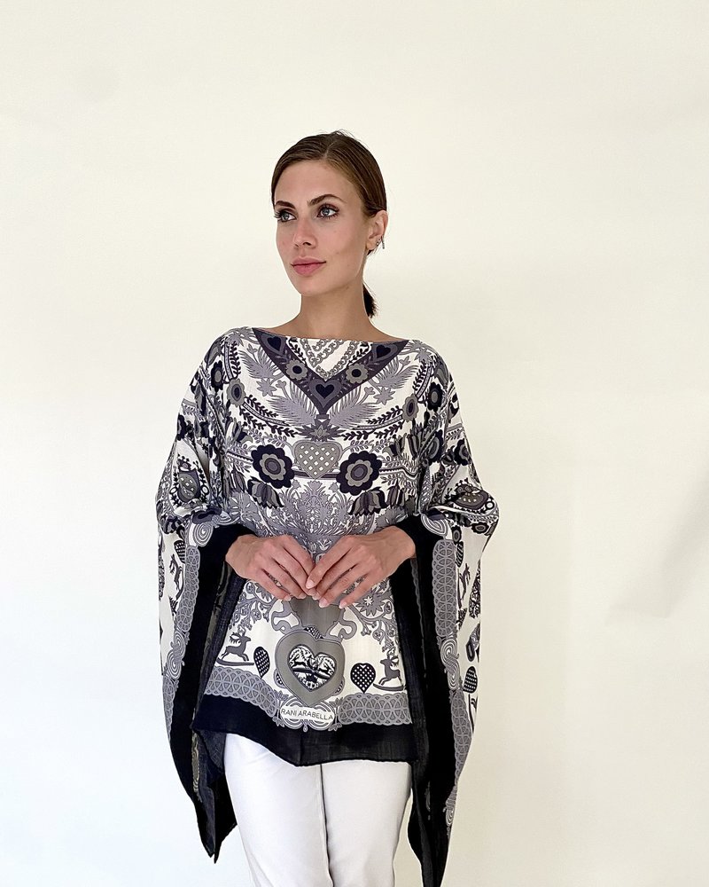 CASHMERE PRINTED PONCHO: ELIZABETH: BLACK-GRAY