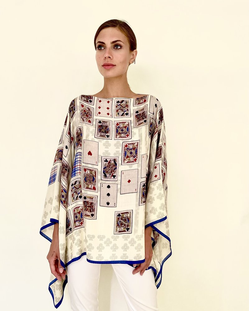 CASHMERE PRINTED PONCHO: CARDS :IVORY