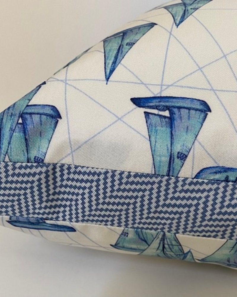 SILK PRINTED PILLOW  :BOAT  ZIG ZAG TRIM: 12"X18"