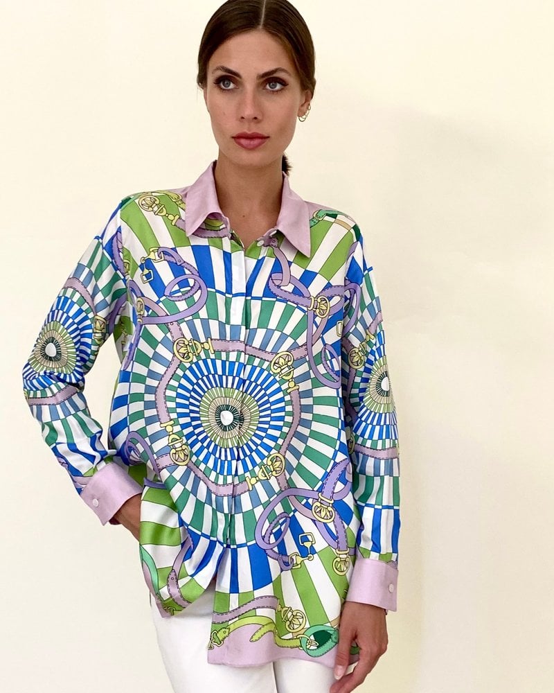 COLLARED SILK PRINTED SHIRT: FIRENZE LIME