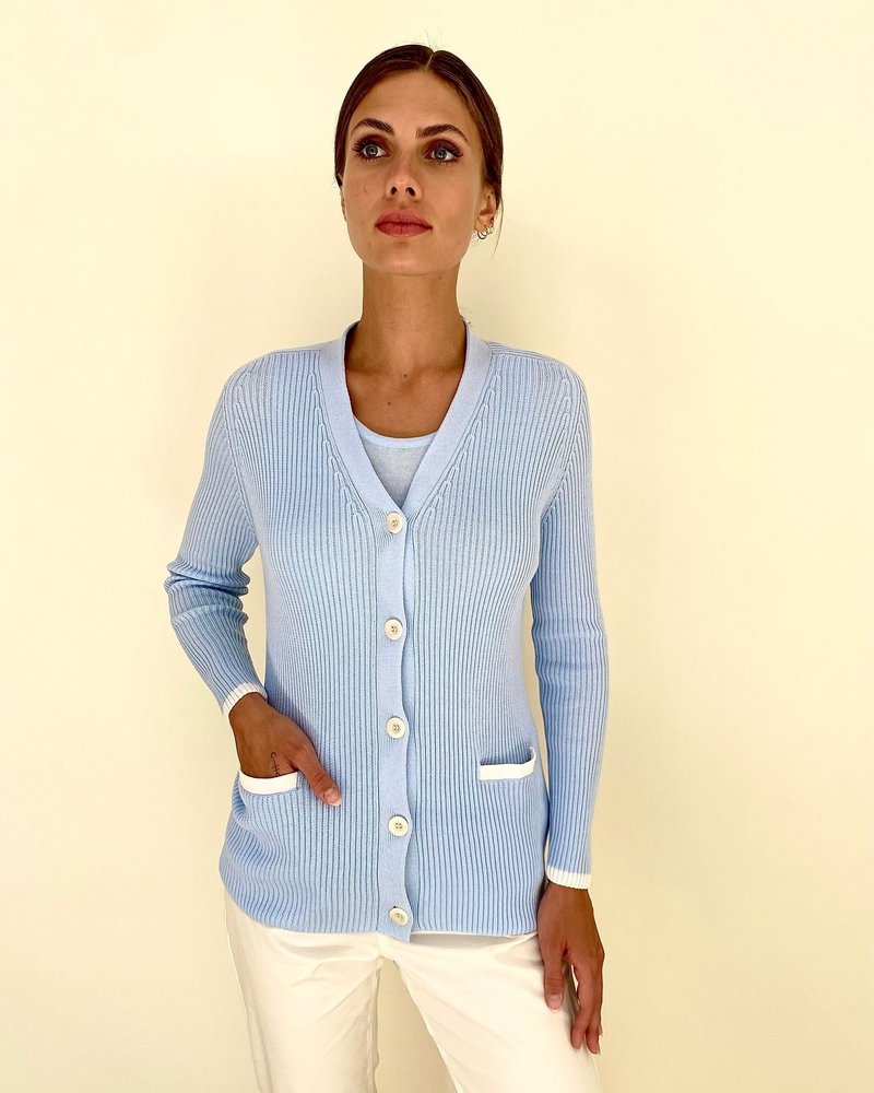 ORGANIC COTTON RIBBED V-NECK CARDIGAN: LIGHT BLUE - RANI ARABELLA