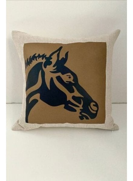 HORSE LINEN-LEATHER PILLOW: 18" X 18": BEIGE