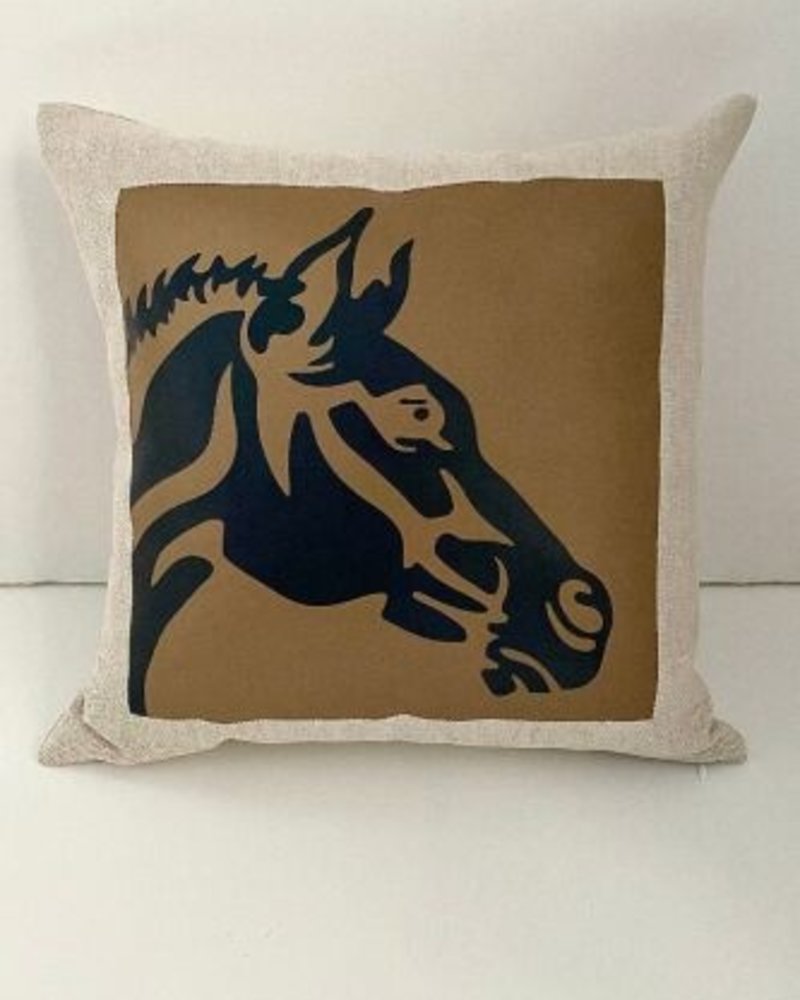 HORSE LINEN-LEATHER PILLOW: 18" X 18": BEIGE