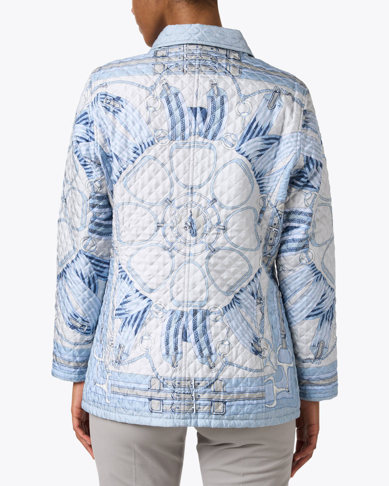 SILK PRINTED QUILTED JACKET: STIRRUPS BLUE