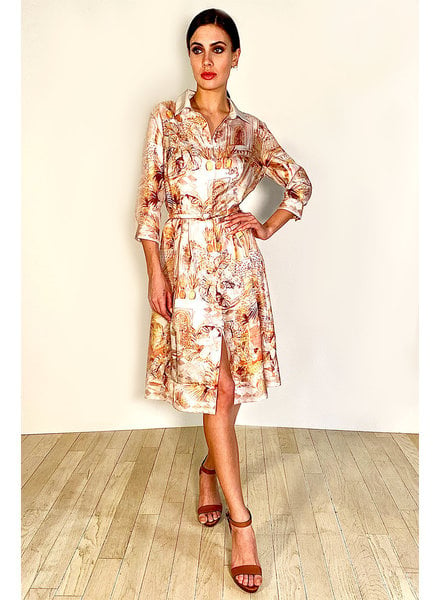 SILK SHIRT DRESS WITH BELT PRINT: ROMA PINK