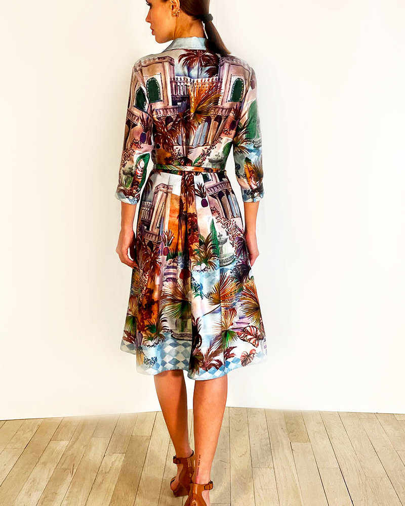 SILK SHIRT DRESS WITH BELT PRINT: ROMA SKY