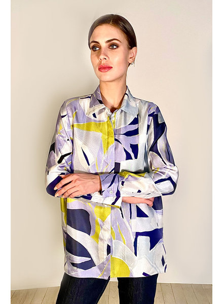 COLLARED SILK PRINTED SHIRT: GEOMETRIC BLUE