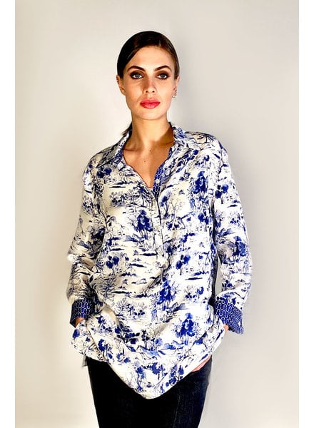 POP OVER SILK PRINTED SHIRT: PONIES: BLUE