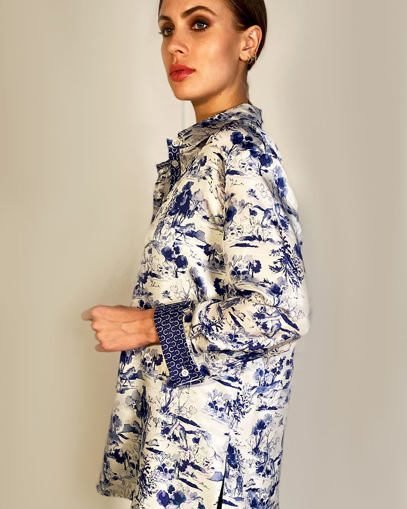 100% SILK PRINTED POP OVER SHIRT: PONIES: BLUE