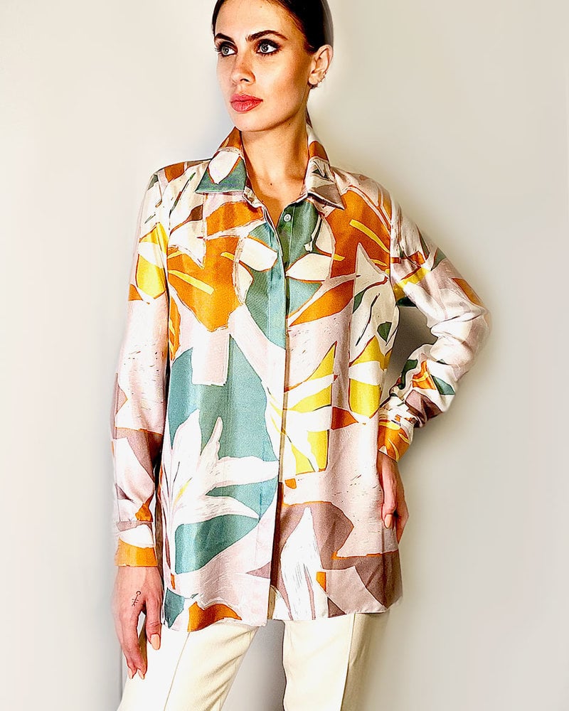 COLLARED SILK PRINTED SHIRT: GEOMETRIC MELON