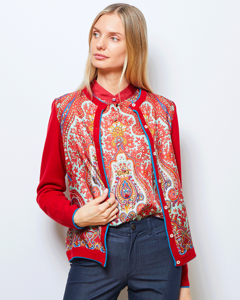 SILK PRINT BUTTON FRONT CASHMERE BACK SLEEVE CARDIGAN: PAISLEY: RED