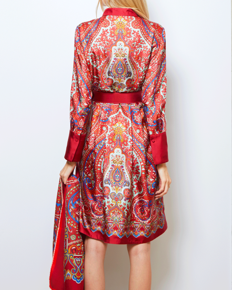 SILK BUTTON FRONT COLLARLESS DRESS WITH BELT PRINT: PAISLEY: RED