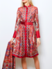 SILK BUTTON FRONT COLLARLESS DRESS WITH BELT PRINT: PAISLEY: RED