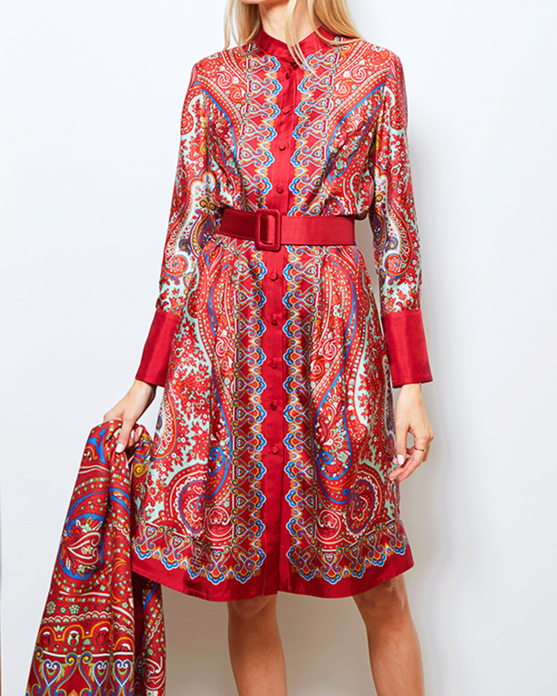 SILK BUTTON FRONT COLLARLESS DRESS WITH BELT PRINT: PAISLEY: RED