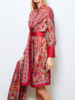 SILK BUTTON FRONT COLLARLESS DRESS WITH BELT PRINT: PAISLEY: RED