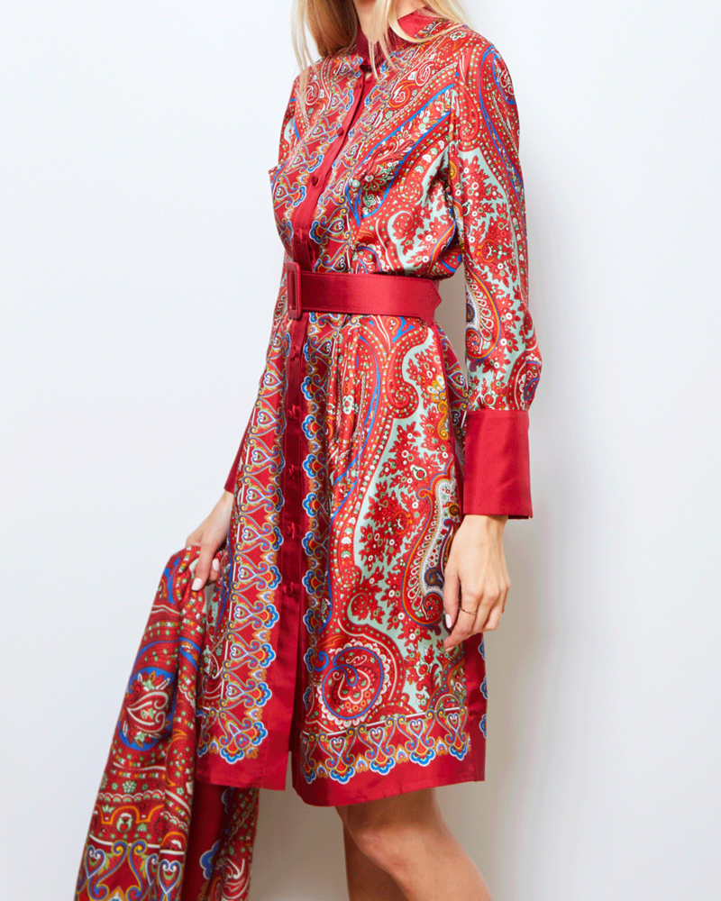 SILK BUTTON FRONT COLLARLESS DRESS WITH BELT PRINT: PAISLEY: RED