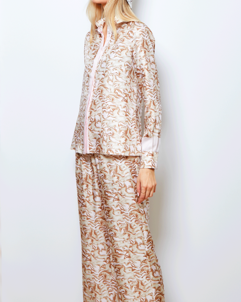 100% SILK PULL ON PANTS WITH FLAT FRONT ELASTIC BACK BELT: WILD HORSES: PINK