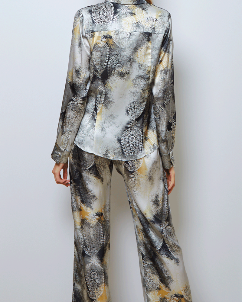 100% SILK PULL ON PANTS WITH FLAT FRONT ELASTIC BACK BELT: BATIK: SILVER