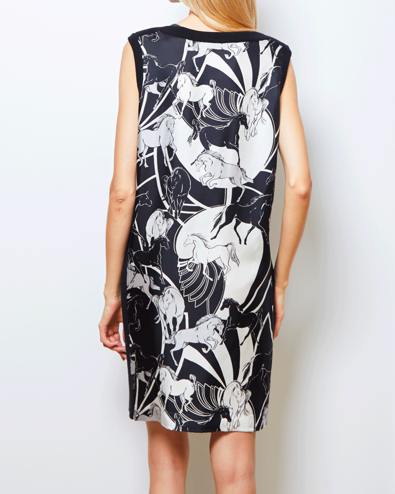 SILK PRINT DRESS WITH CASHMERE SIDE PANEL: GALLOPING: BLACK