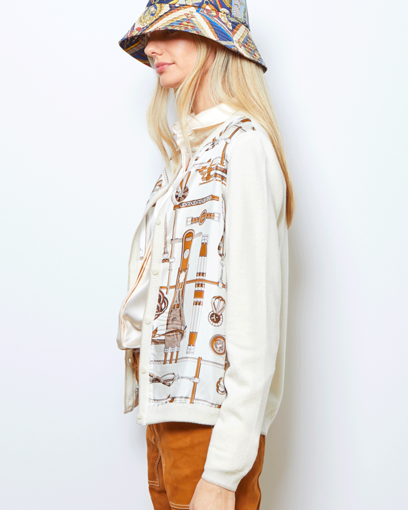 SILK PRINT BUTTON FRONT CASHMERE BACK SLEEVE CARDIGAN: BITS: IVORY