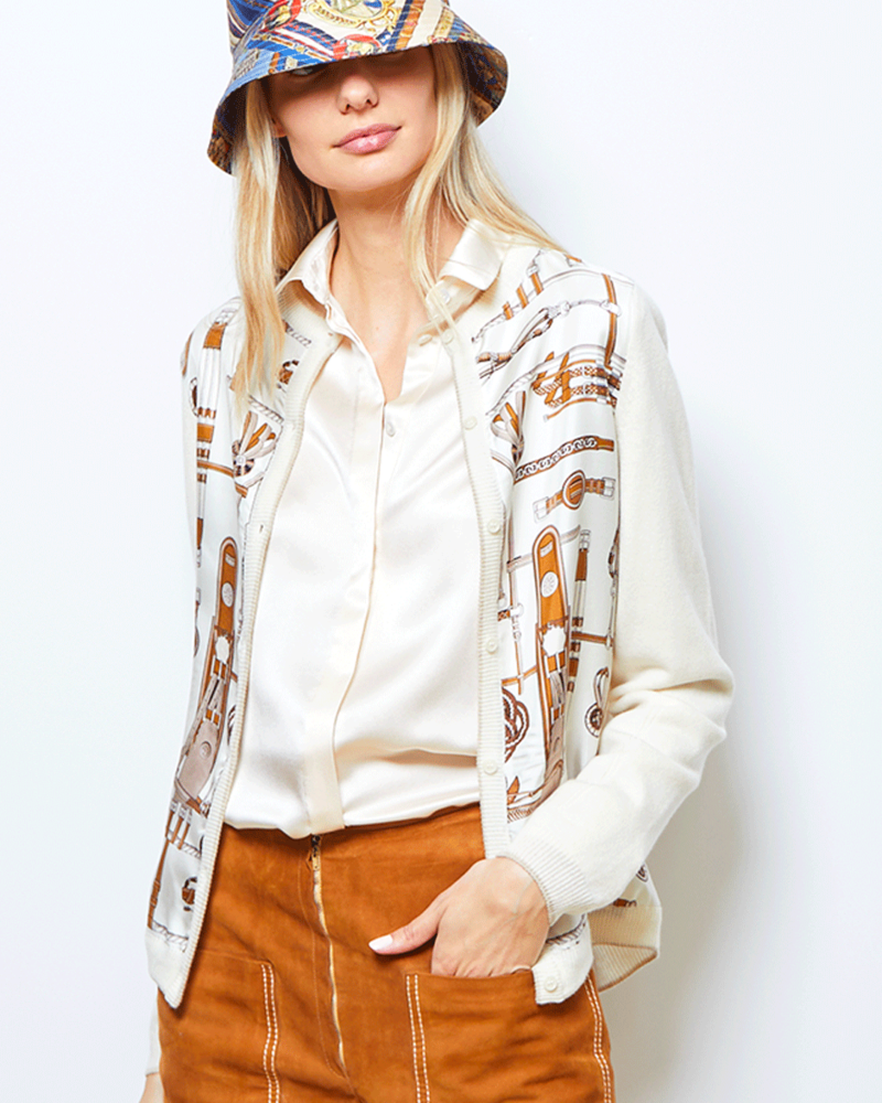 SILK PRINT BUTTON FRONT CASHMERE BACK SLEEVE CARDIGAN: BITS: IVORY