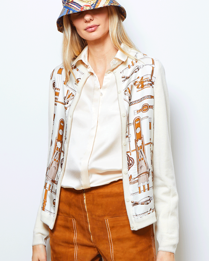 SILK PRINT BUTTON FRONT CASHMERE BACK SLEEVE CARDIGAN: BITS: IVORY