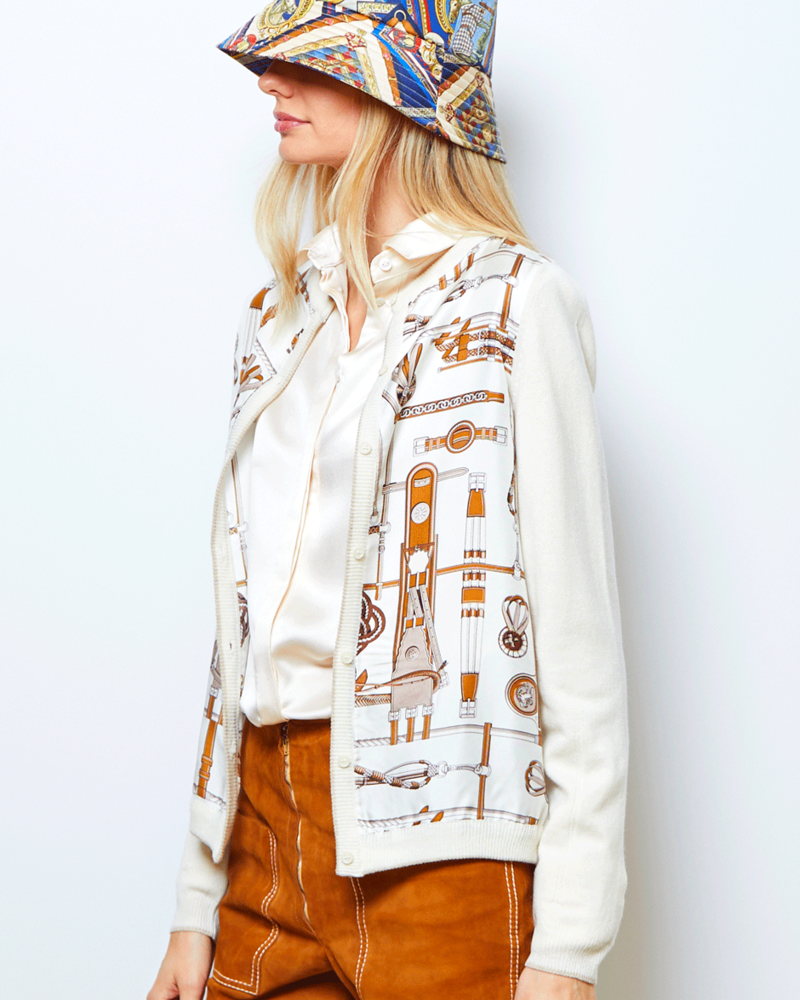 SILK PRINT BUTTON FRONT CASHMERE BACK SLEEVE CARDIGAN: BITS: IVORY