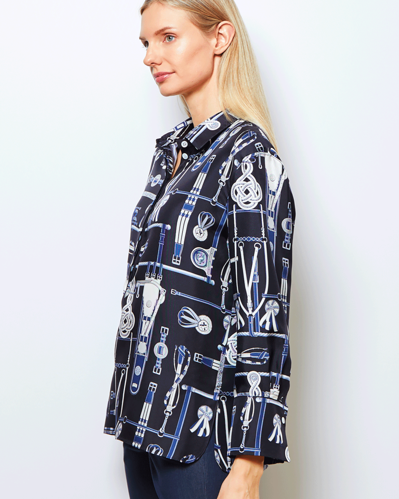 100% SILK PRINTED POP OVER SHIRT: BITS: NAVY