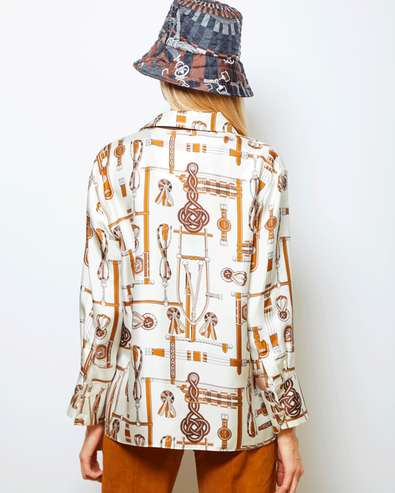 100% SILK PRINTED POP OVER SHIRT: BITS: IVORY