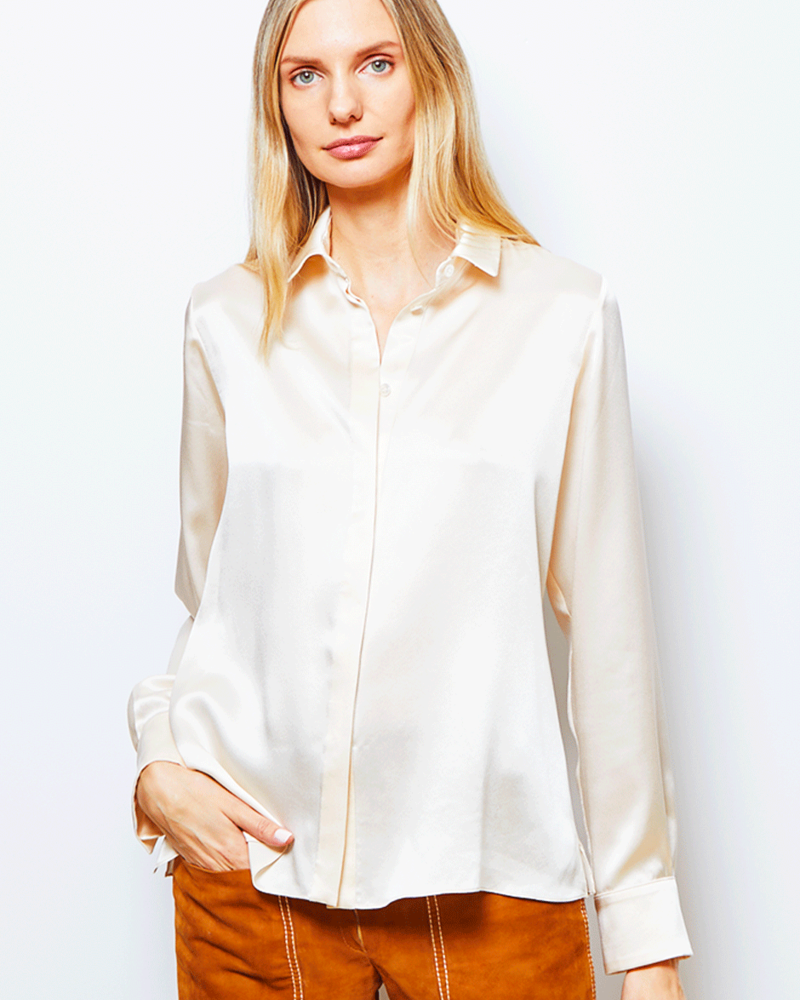 100% SILK COLLAR BUTTON FRONT WITH SIDE SLITS SHIRT: SIMONA: PINK