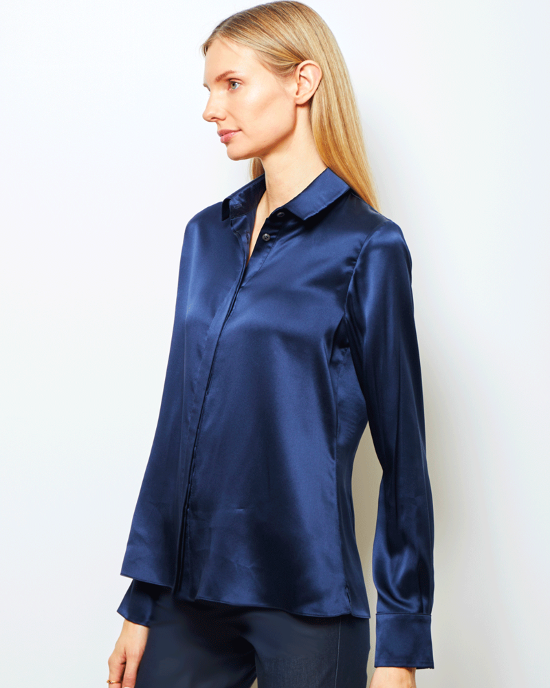 SILK COLLAR BUTTON FRONT WITH SIDE SLITS SHIRT: SIMONA: MIDNIGHT - RANI ...