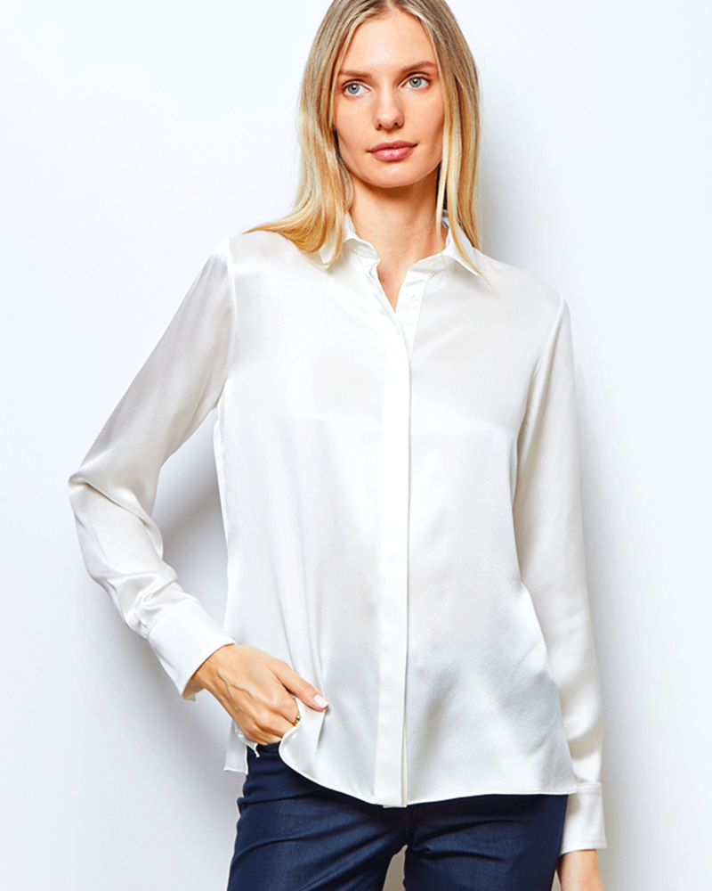 100% SILK COLLAR BUTTON FRONT WITH SIDE SLITS SHIRT: SIMONA: IVORY