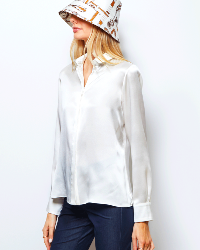 100% SILK COLLAR BUTTON FRONT WITH SIDE SLITS SHIRT: SIMONA: IVORY