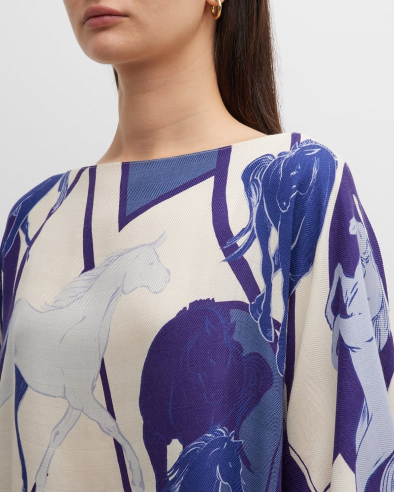 CASHMERE PRINTED PONCHO: GALLOPING: BLUE
