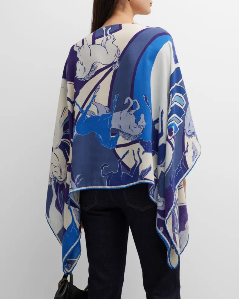 CASHMERE PRINTED PONCHO: GALLOPING: BLUE