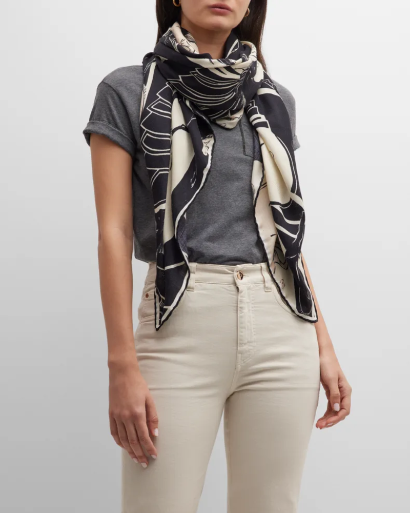 CASHMERE PRINTED SHAWL: GALLOPING: BLACK